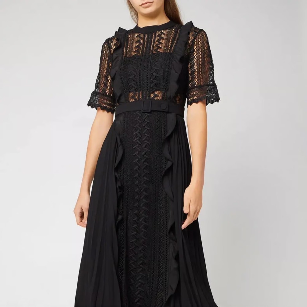 Self Portrait Black Fine Lace Pleated Belted Maxi Dress UK 6‎ US 2 Guipure